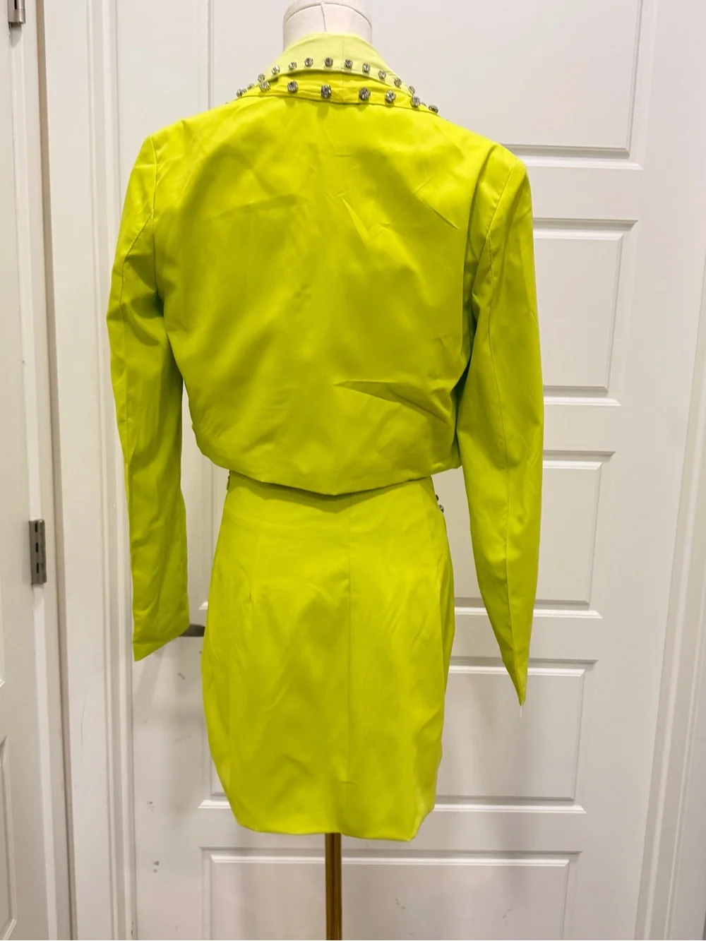 3PC Lime Yellow Rhinestone Embellished Blazer, Bralette & Mini Skirt Set NWT